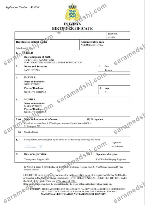 Estonia vital record birth certificate Word and PDF template
